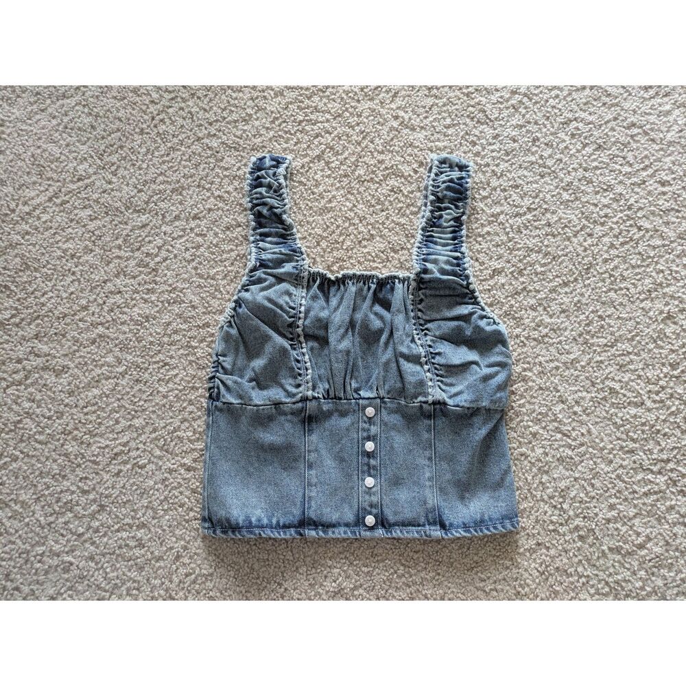 NWT Le Lis Denim Distressed Shirred Back Cropped Tank Top Sz M - Picture 2 of 8